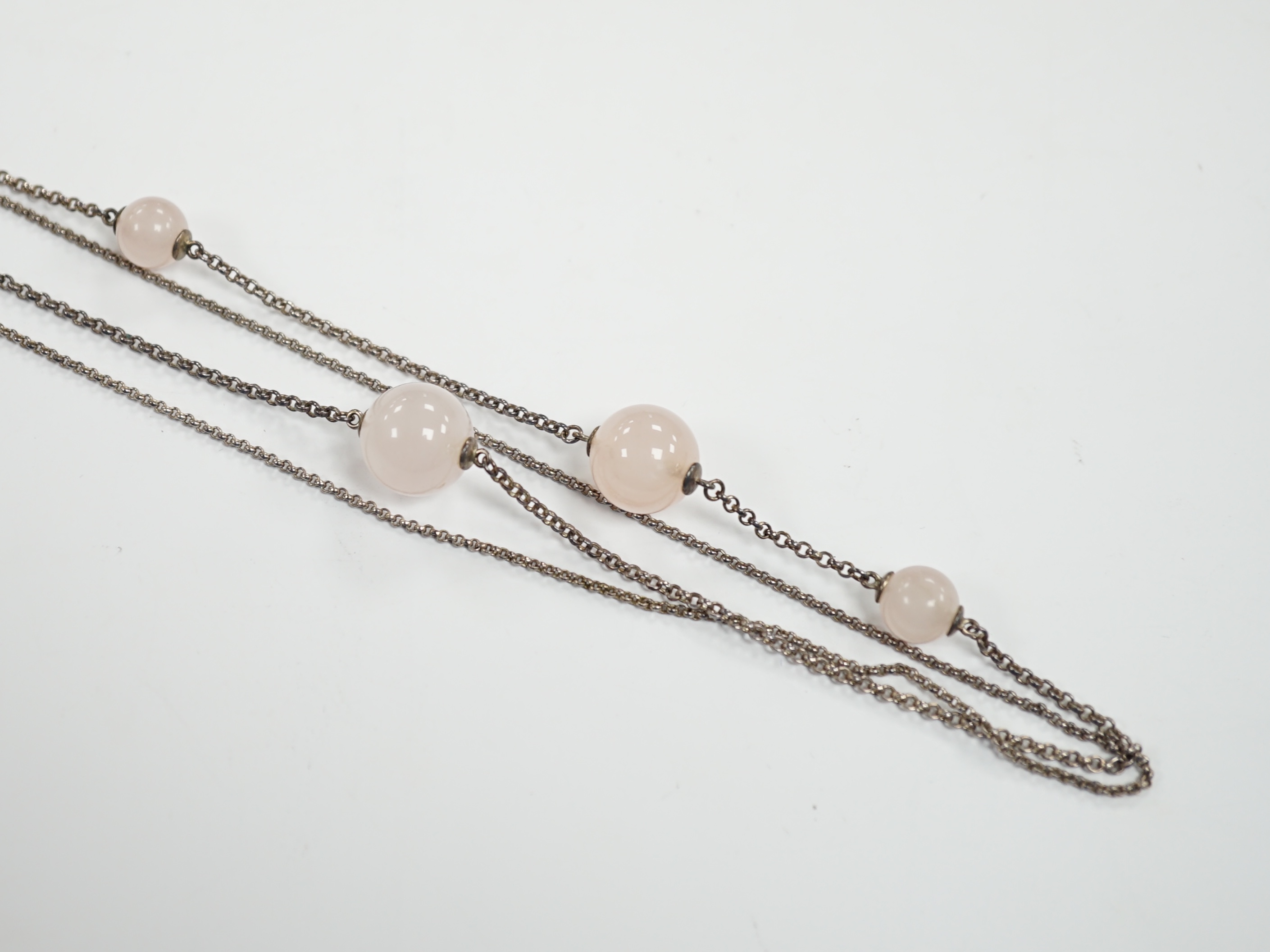 A modern Georg Jensen twin strand silver and rose quartz twelve stone rose quartz sphere set necklace, 98cm, with Georg Jensen box.